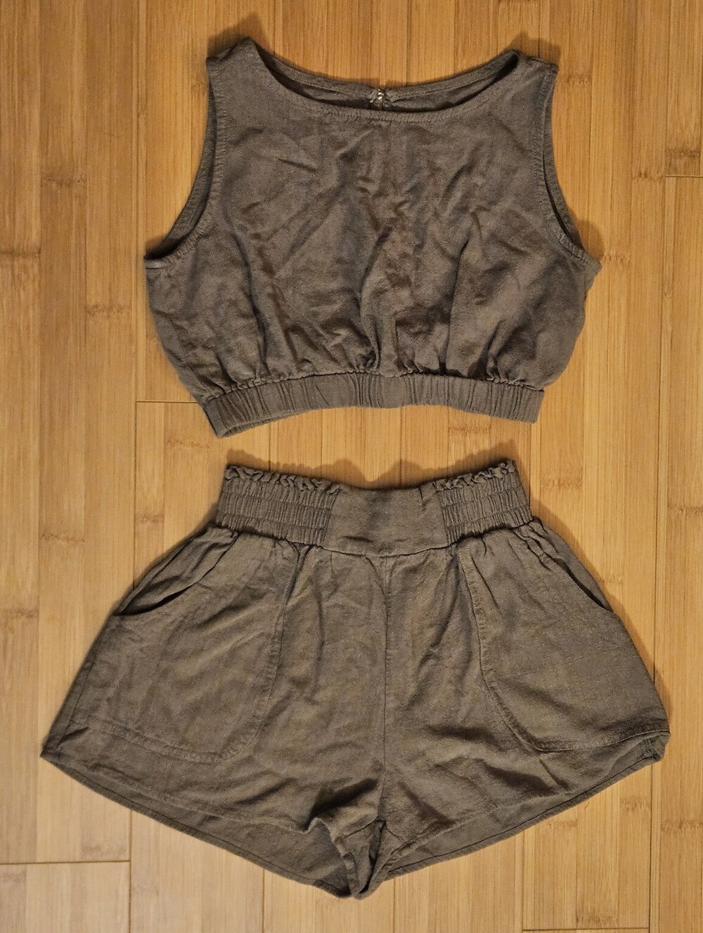 Olive Green Cropped Tank and Elastic Waist Shorts Set
